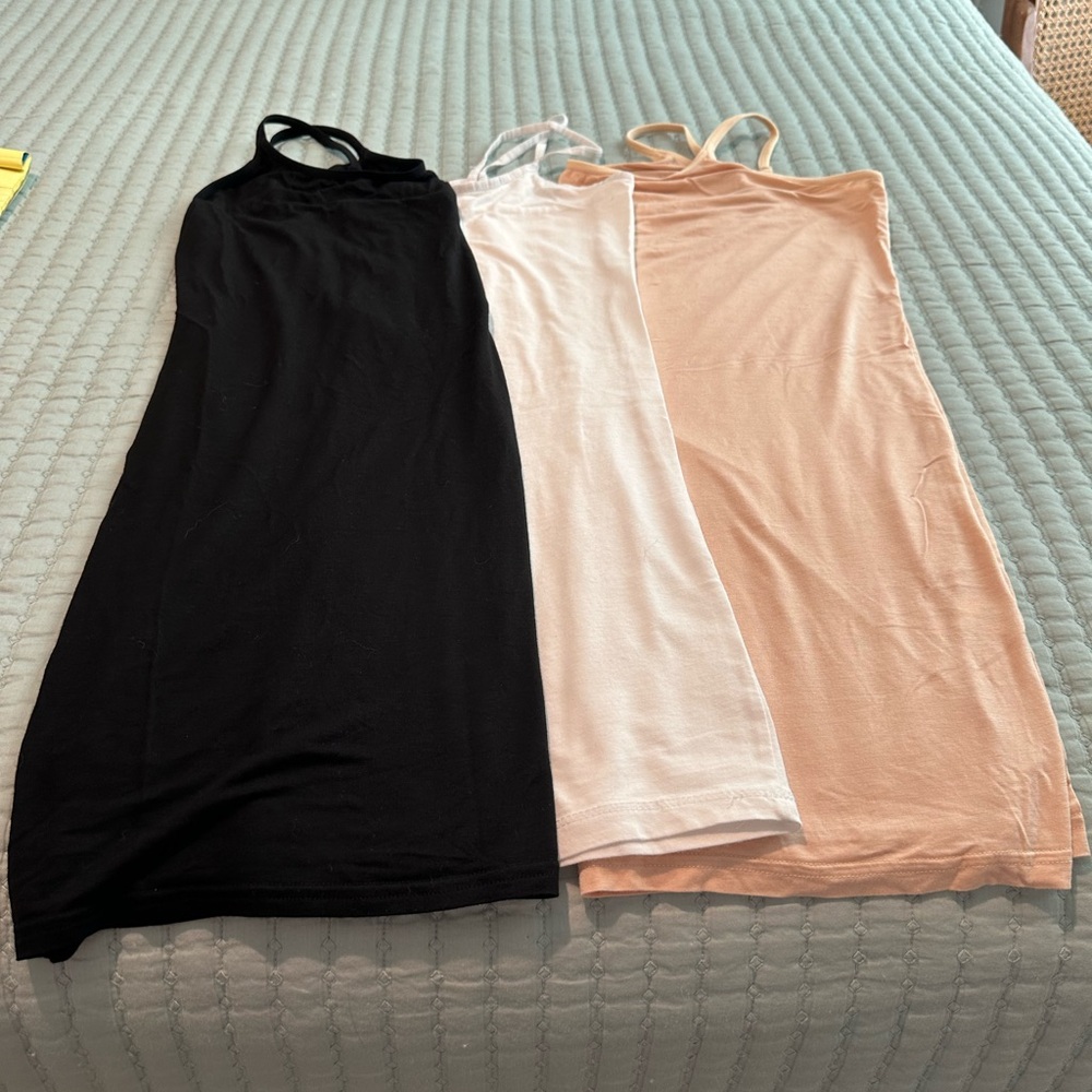 Bundle of Three Extra Long Camisoles- Black, White, and Peach